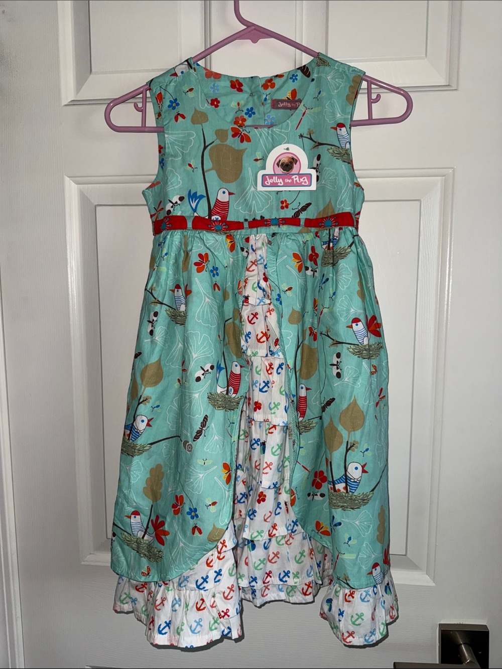 Jelly The Pug Aqua Dress with Red Trim and Multicolor Anchor Ruffle
